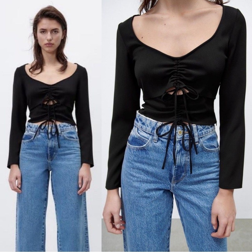 Zara Ruched Cut Out Long Sleeve Top in Black Size Small